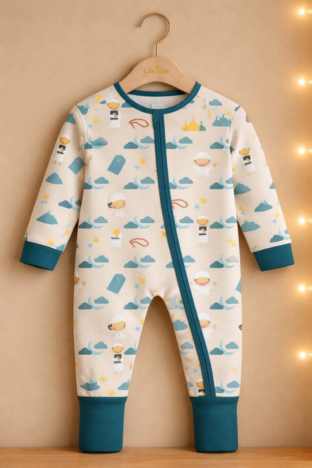 Baby onesie with cloud and boat pattern on a hanger against a beige background