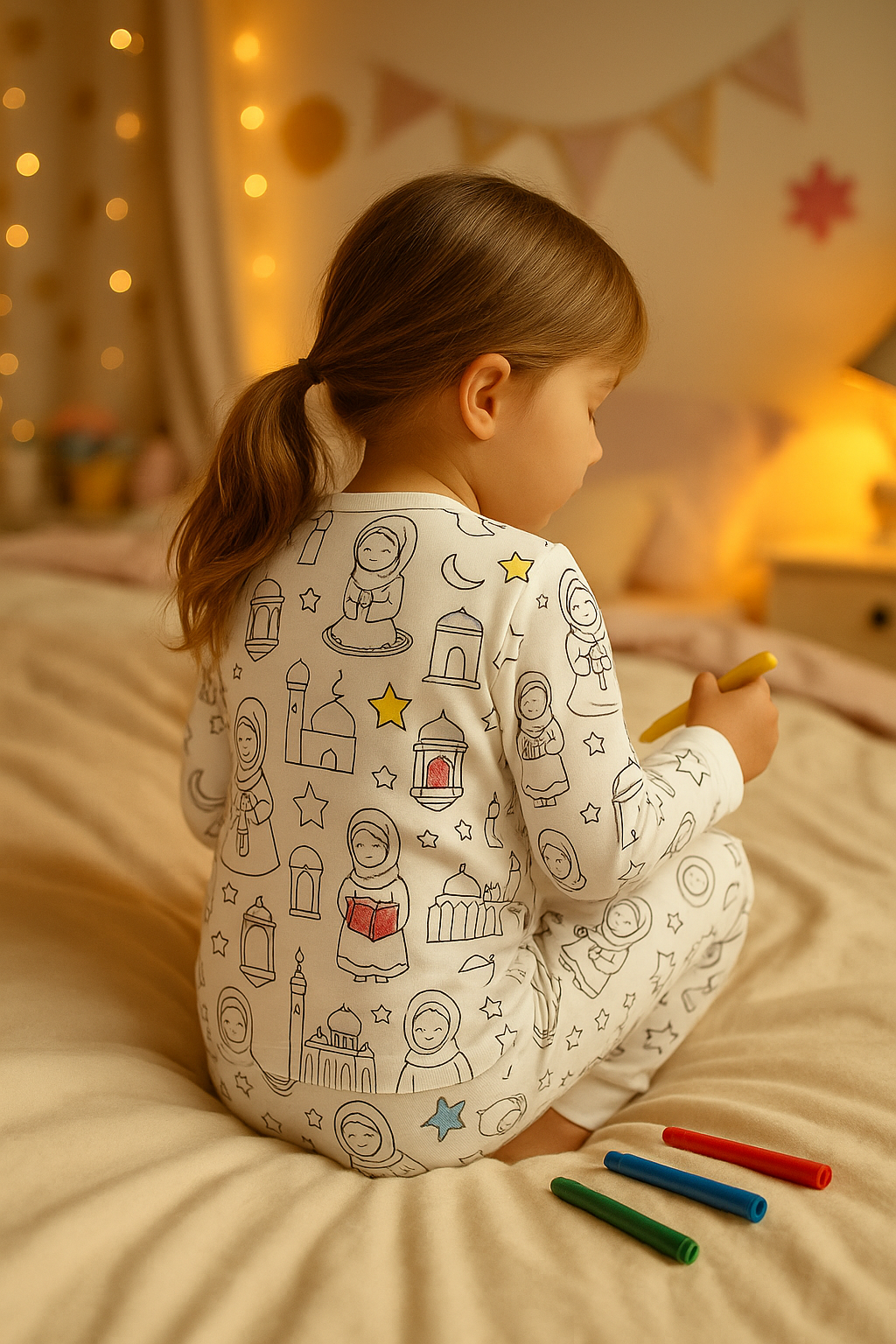 Child in pajama with Ramadan themed design sitting on a bed with colorful crayons.