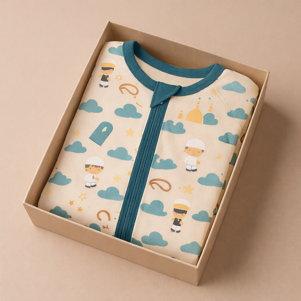 Children's outfit with cloud and character pattern in a box on a beige background