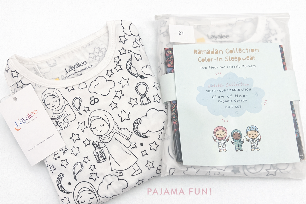 Eid al-Fitr Pajamas for Kids – Glow of Noor Color-In Gift Set | Layalee