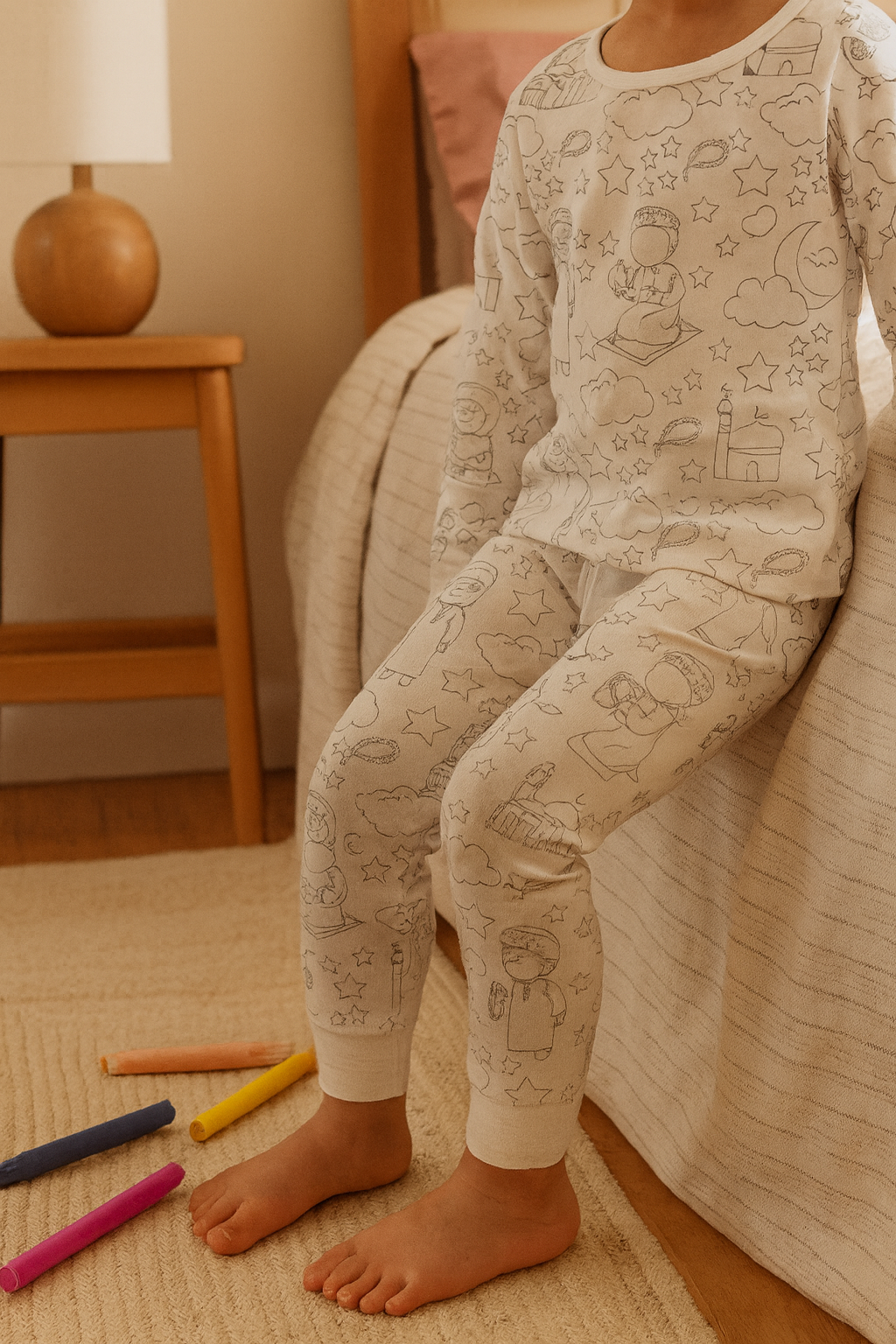 Child wearing a pajama set with Ramadan themed design sitting on a chair.