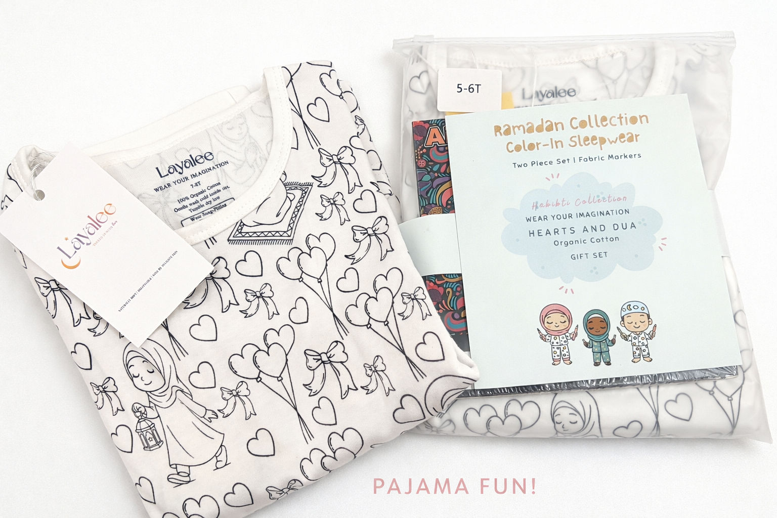 Eid al-Fitr Pajamas for Kids – Hearts & Duʿa Color-In Organic Cotton Gift Set | Layalee