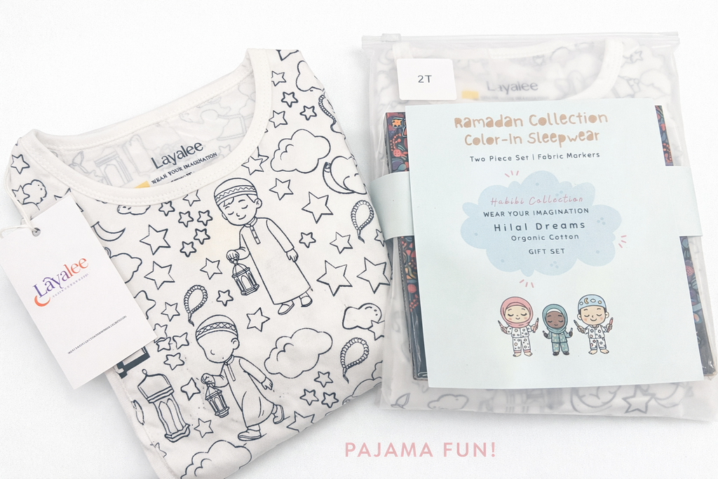 Eid al-Fitr Pajamas for Kids – Hilal Dreams Color-In Organic Cotton Gift Set | Layalee