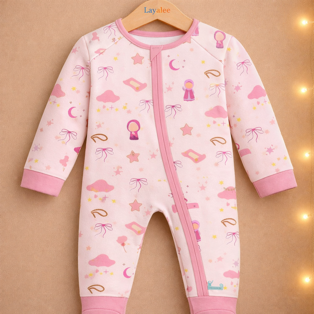 Pink baby onesie with patterns on a hanger against a beige background